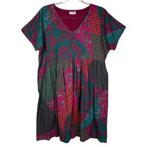 World Market Dress Womens L/XL Pink Green Boho Patchwork Short Sleeve V Neck